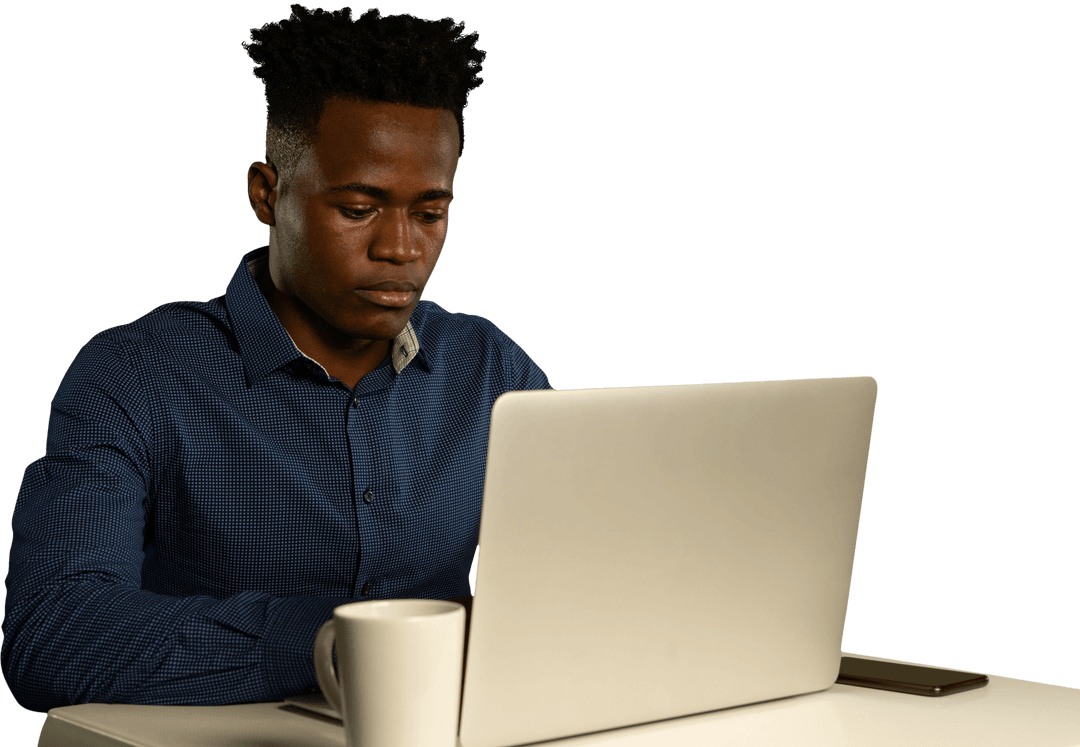 Focused African American Man Using Laptop Transparent Background