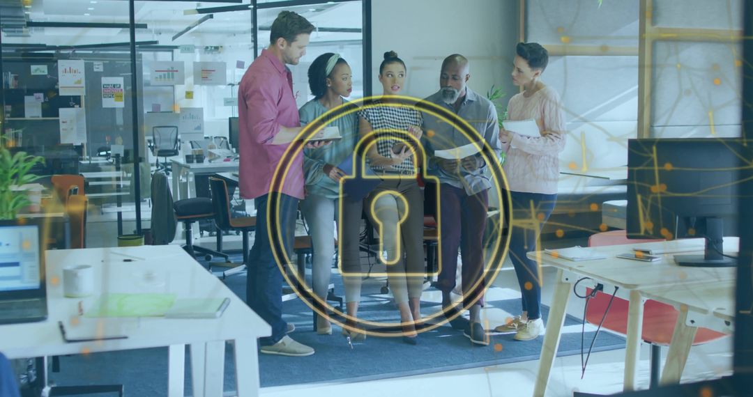 Multicultural team discussing cybersecurity in modern office with digital lock overlay