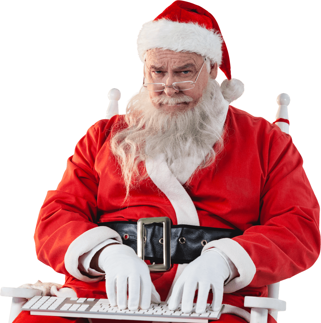 Transparent Santa Claus Typing on Keyboard with Serious Expression