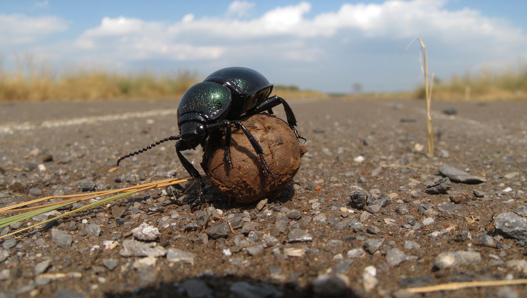 Shiny iridescent dung beetle rolling dung ball across sunlit gravel road macro close-up