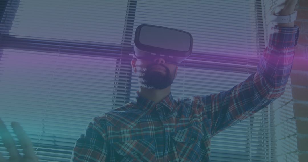 Man Experiencing Virtual Reality in Office with Futuristic Light Trails