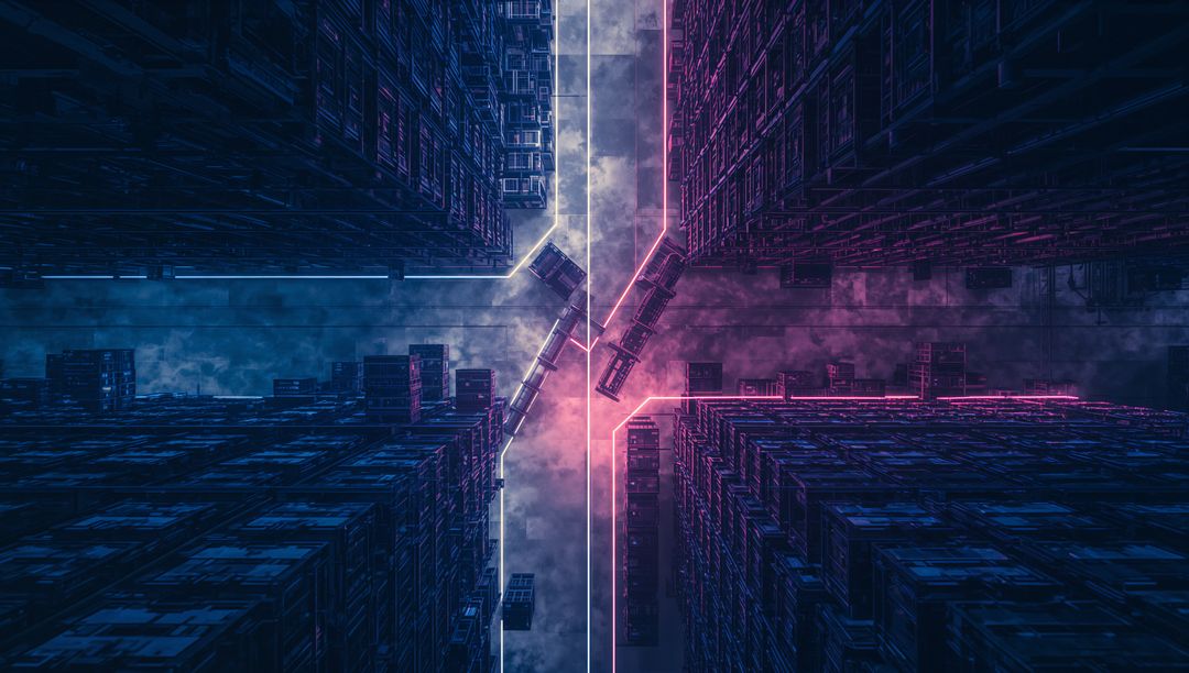 Futuristic Neon Corridor Stretching Skywards Between Skyscrapers