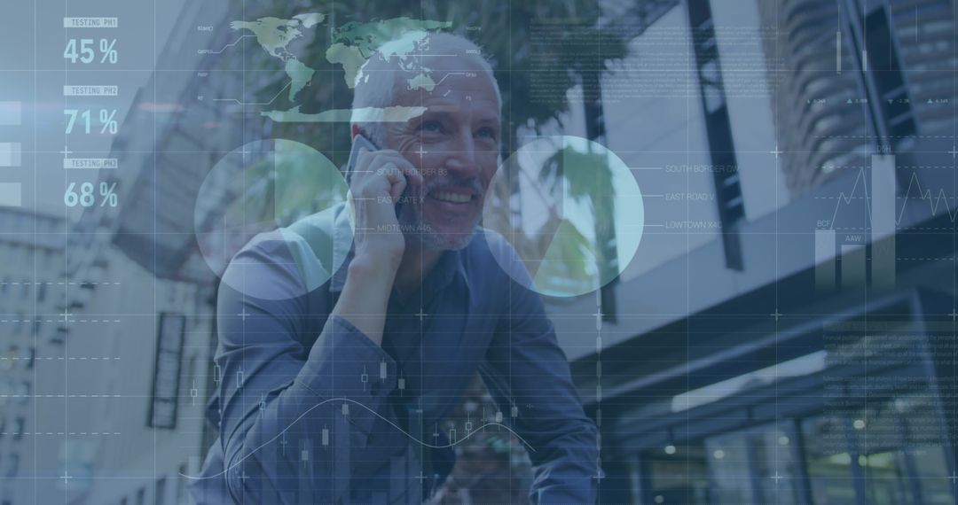 Businessman Analyzing Finance Data on Smartphone with Global Overlay