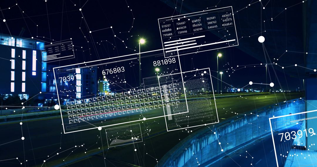 Digital Network Interface Overlaying Urban Nightscape Highway