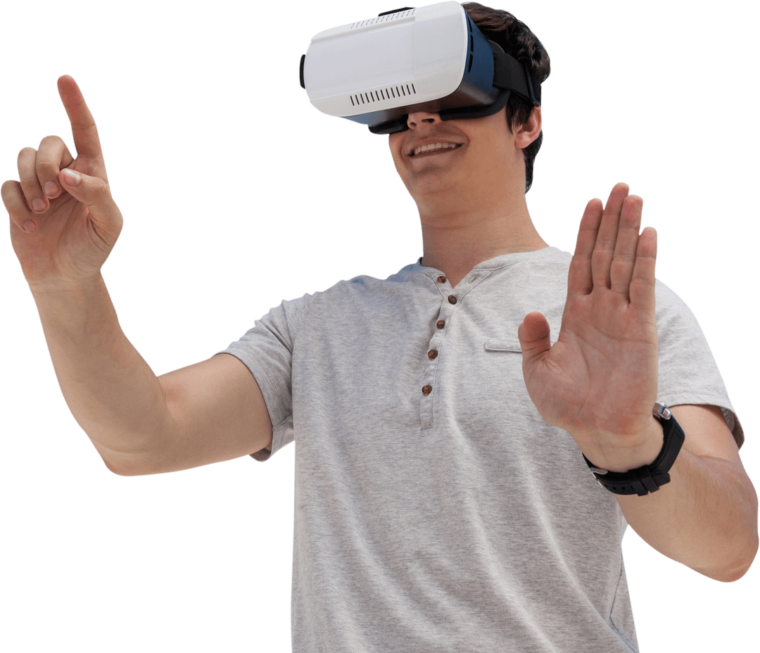 Transparent Young Man Engaging with Virtual Reality Headset