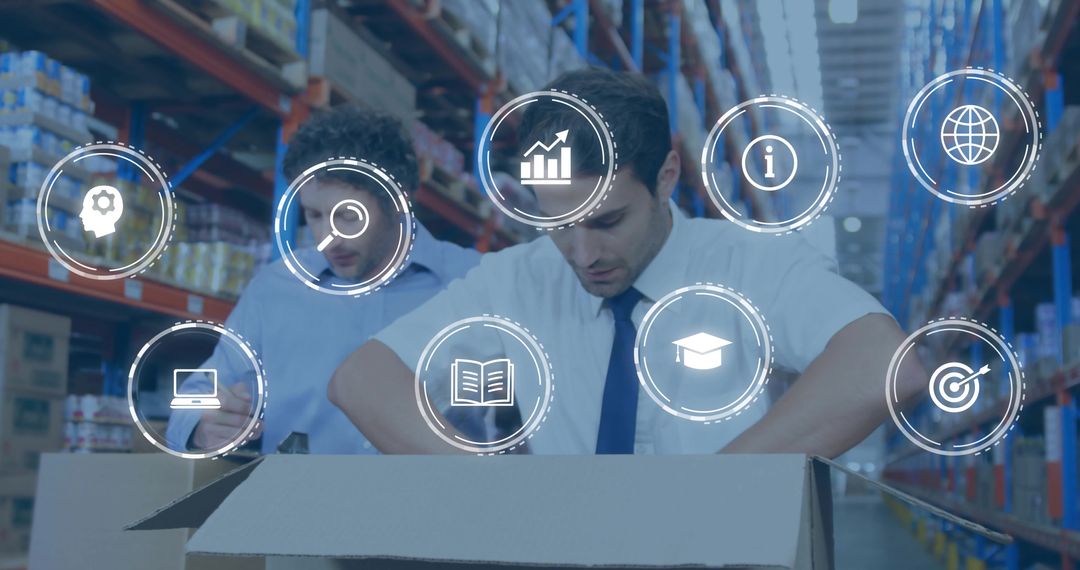 Inspecting warehouse supervisor examining open box with logistics HUD icons and analytics