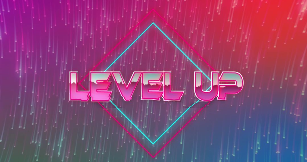 Neon Level Up Sign on Vibrant Background with Light Streaks
