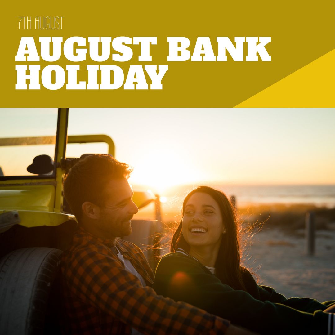 Caucasian Couple Enjoying Sunset by Beach in Vintage Car