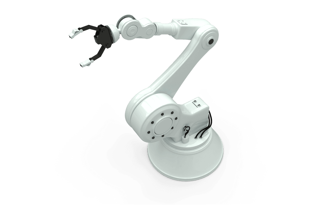 Transparent Industrial Robotic Arm with Gripper High Angle View
