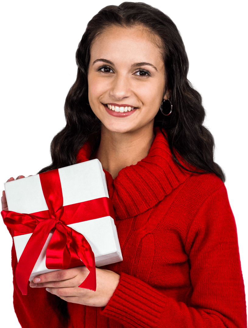 Smiling Woman Holding Gift Box on Transparent Background