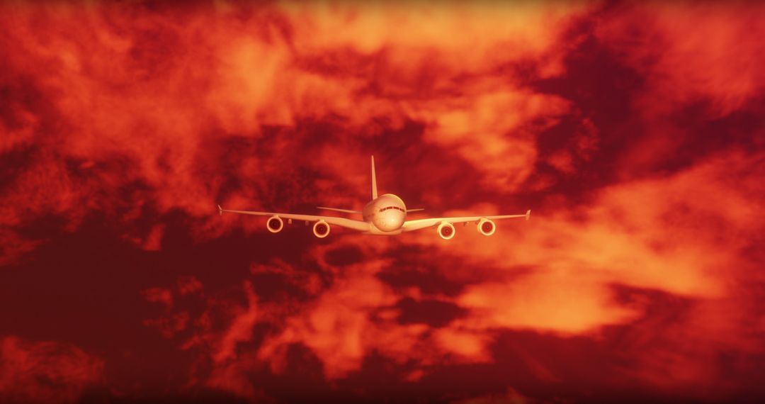 Aircraft Flying Through Vibrant Orange Sky