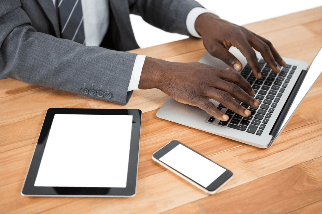 Businessman Working on Laptop with Tablet and Smartphone Transparent Style