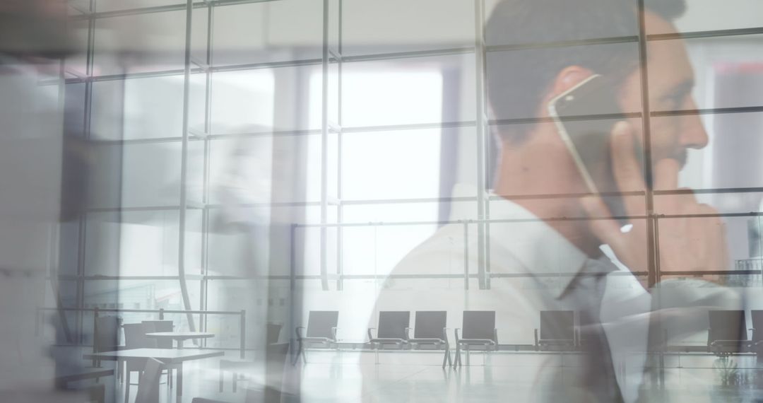 Businessman Engaged in Phone Call with Office Overlap