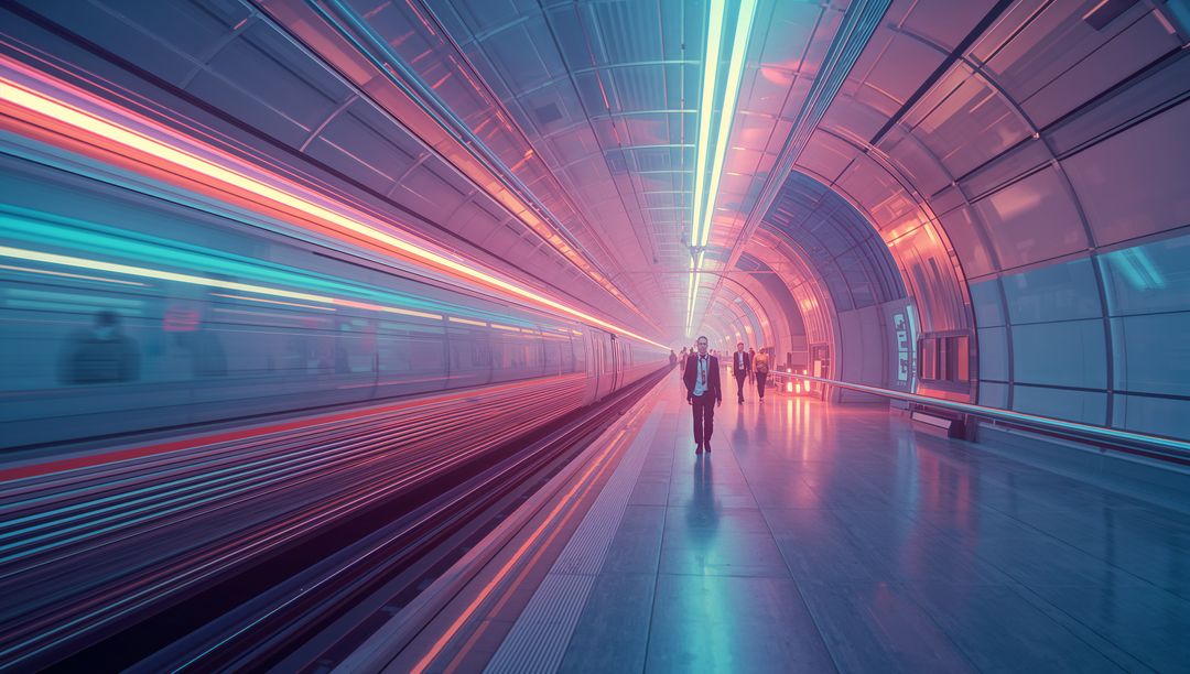 Futuristic Businessman on High-Speed Subway Platform