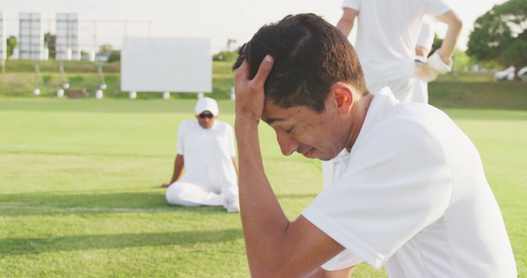 Dejected Young Male Cricketer Sitting on Field After Game - Free Images, Stock Photos and Pictures on Pikwizard.com