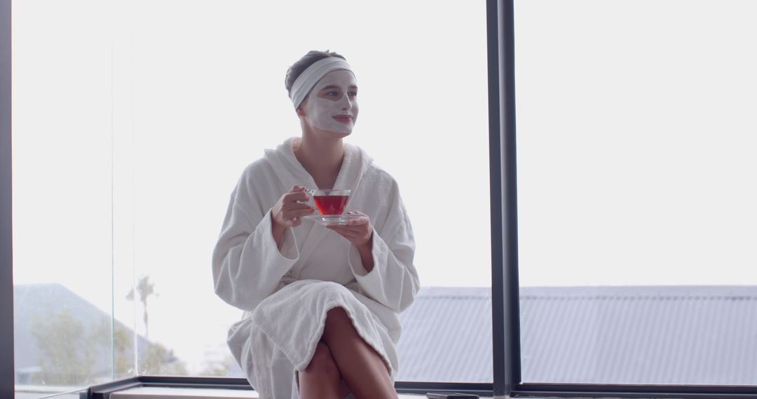 Woman Enjoying Spa Day with Facial Mask and Tea by Window