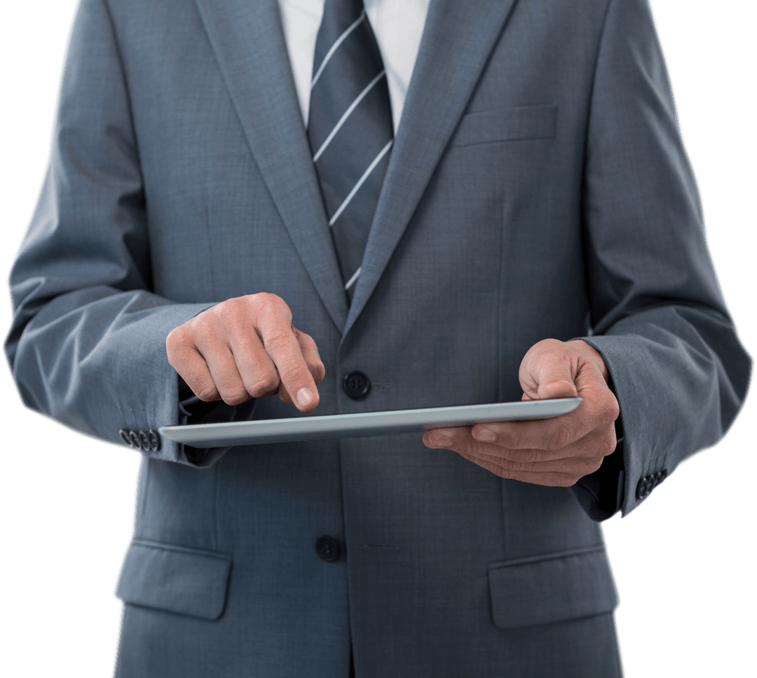 Transparent Businessman Suit Using Tablet Displaying Technology