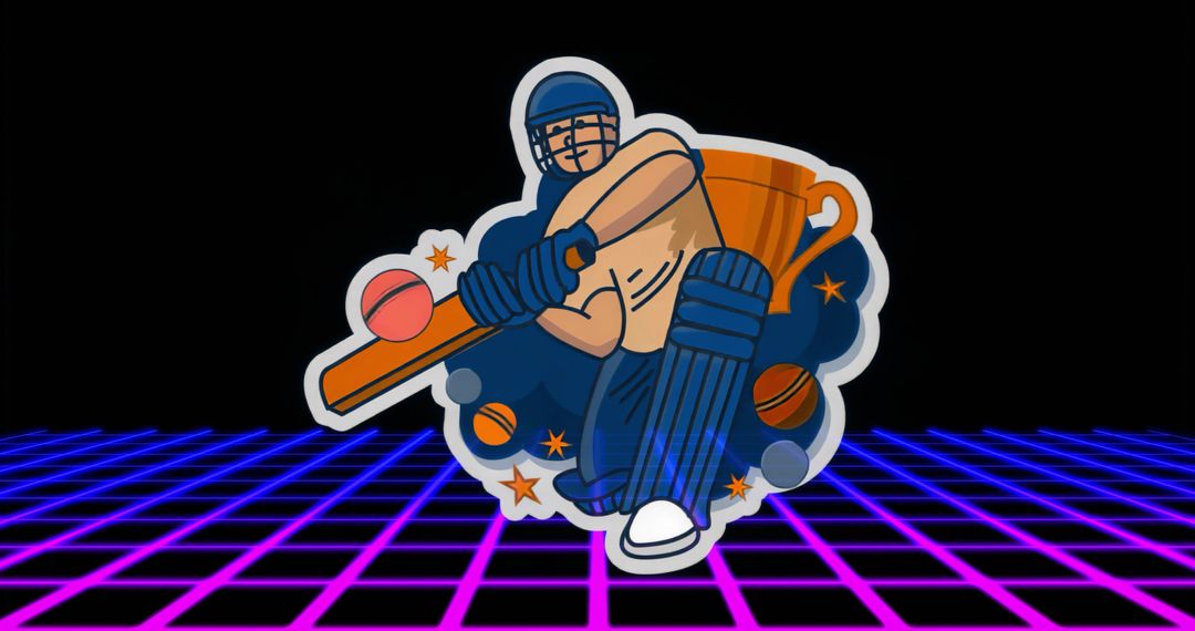 Neon Retro Cricket Batsman Cartoon Swinging with Trophy and Ball on Futuristic Grid