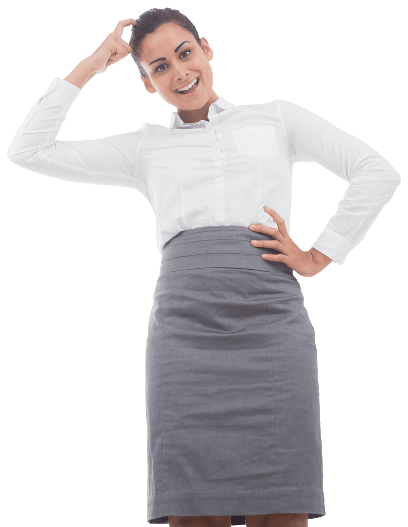 Cheerful Businesswoman Scratching Head on Transparent Background