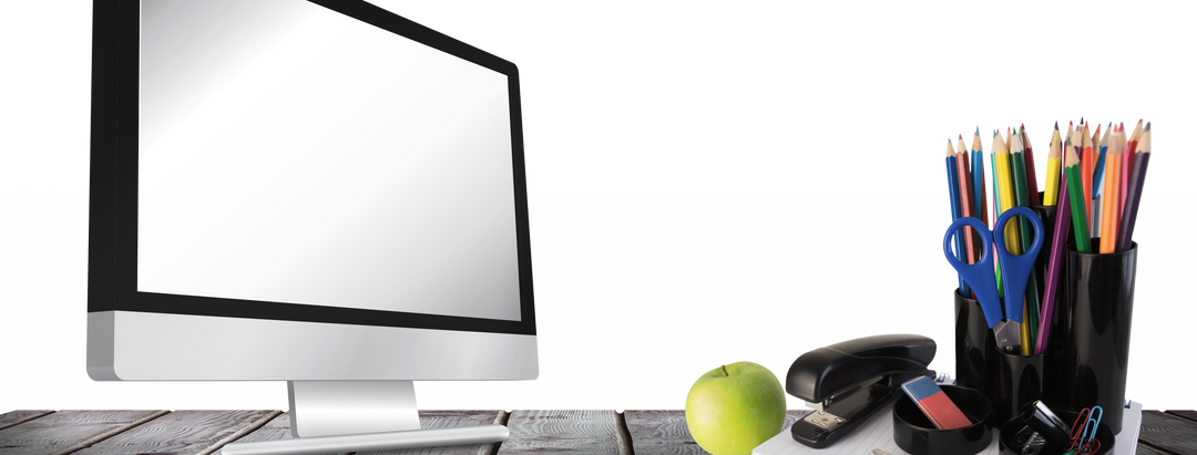 Transparent Desk with Computer, Stationery and Green Apple - Download Free Stock Images Pikwizard.com