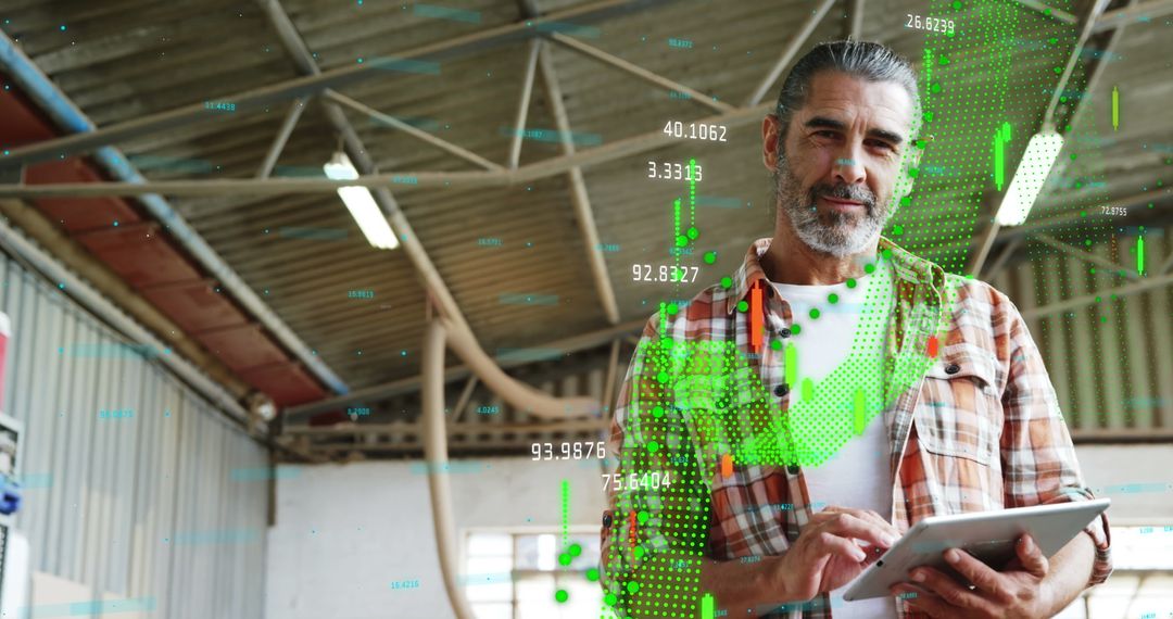 Digital Data Processing with Smiling Professional in Industrial Space