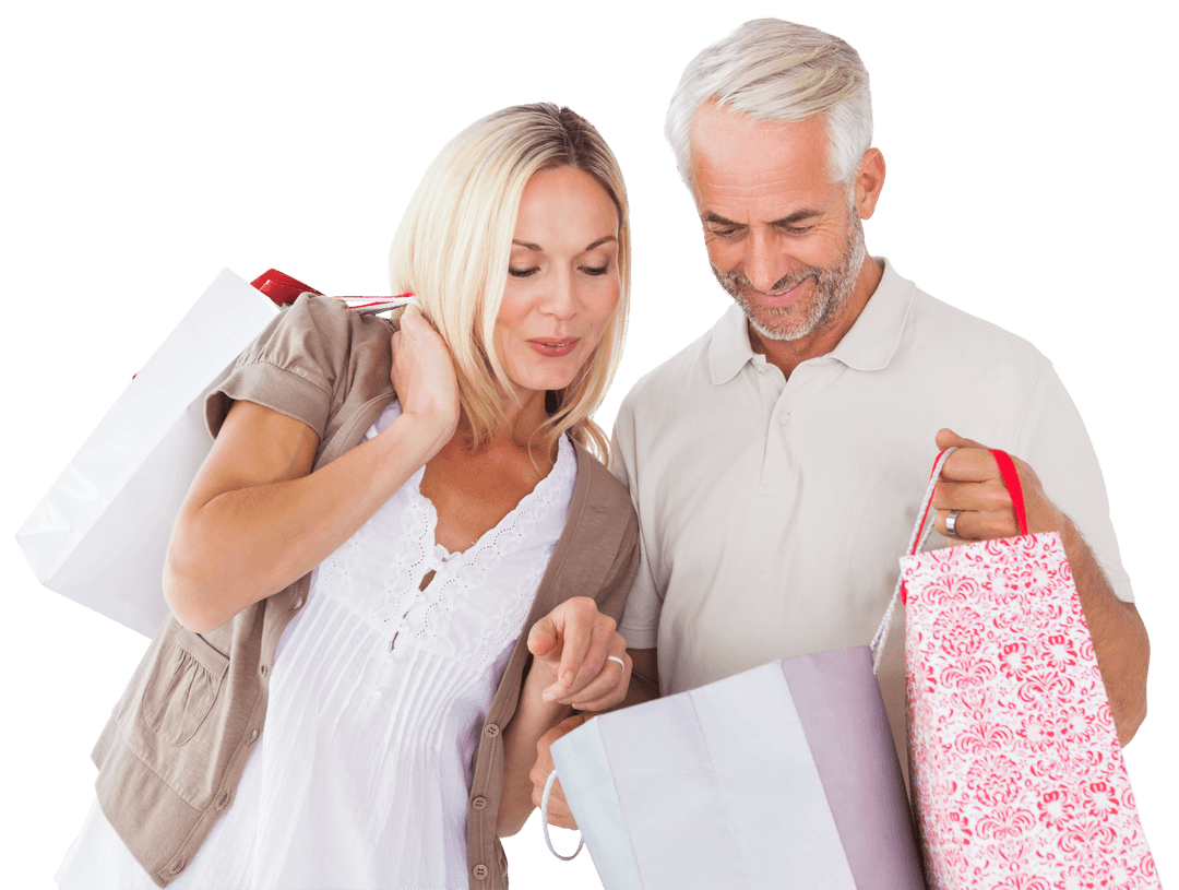 Caucasian Couple Happily Shopping Together on Transparent Background