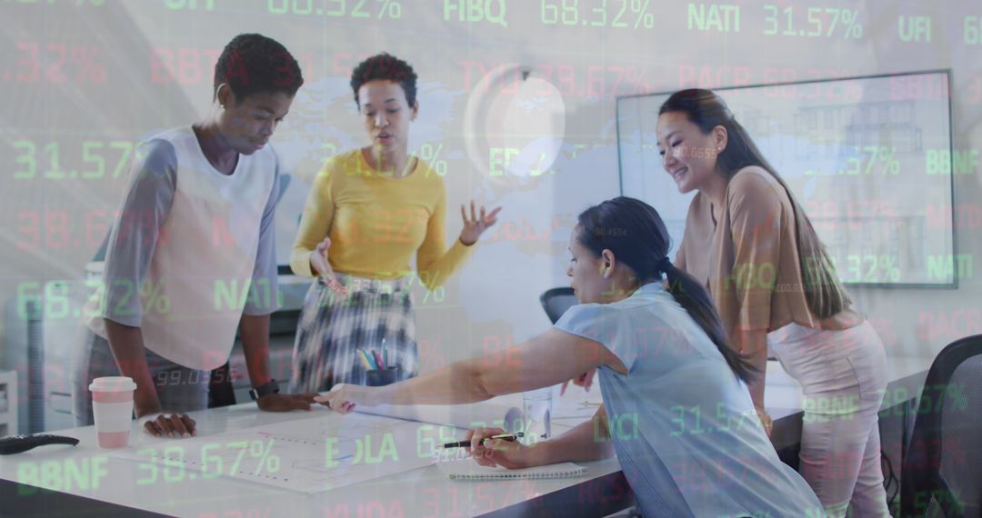 Diverse Female Coworkers Collaborating with Financial Data Overlay