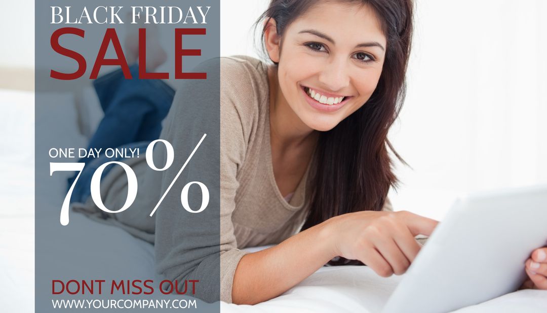 Black Friday Sale Promotion with Smiling Woman Holding Tablet