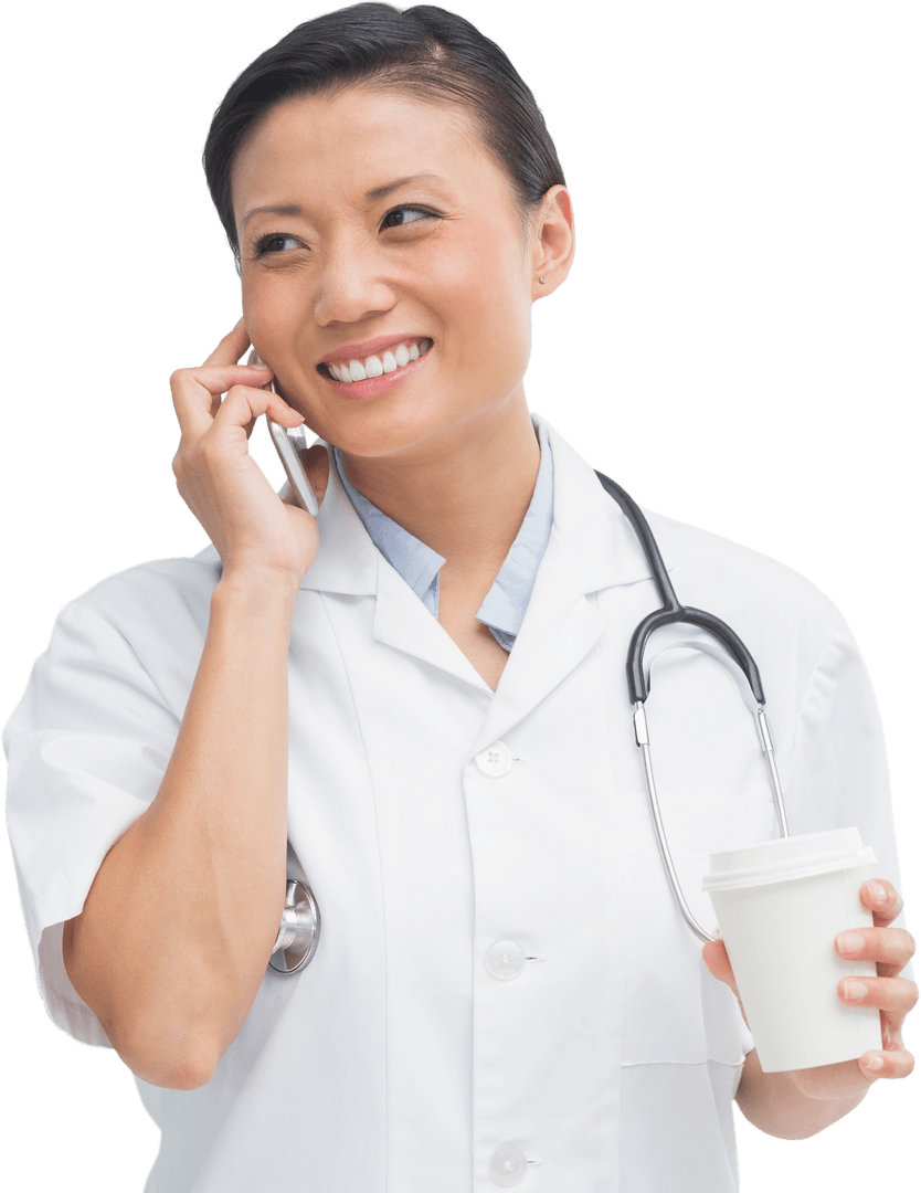Smiling Female Doctor Talking on Mobile with Coffee Cup Transparent Background