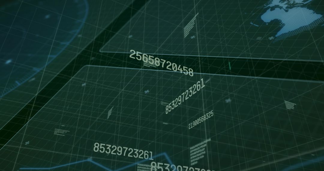Futuristic Digital Interface with Grid, Numbers, and World Map Overlays