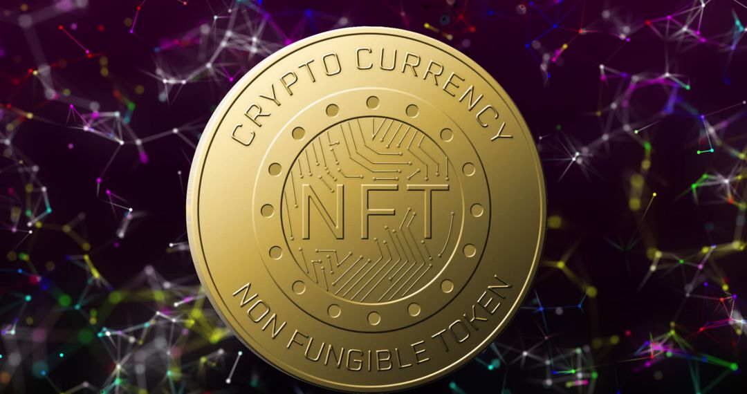 Golden NFT Coin with Connected Digital Network Background