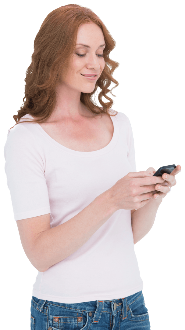 Smiling Redhead Woman Texting on Transparent Background