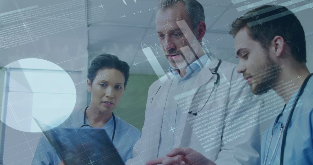 Doctors Analyzing X-Ray with Digital Infographic Overlay