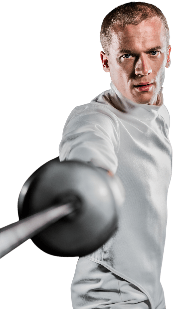 Determined Fencer in Stance with Epee on Transparent Background