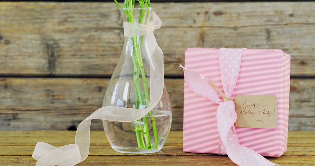 A Mother's Day gift box and vase create a simple, festive ambiance on a wooden backdrop. - Free Images, Stock Photos and Pictures on Pikwizard.com