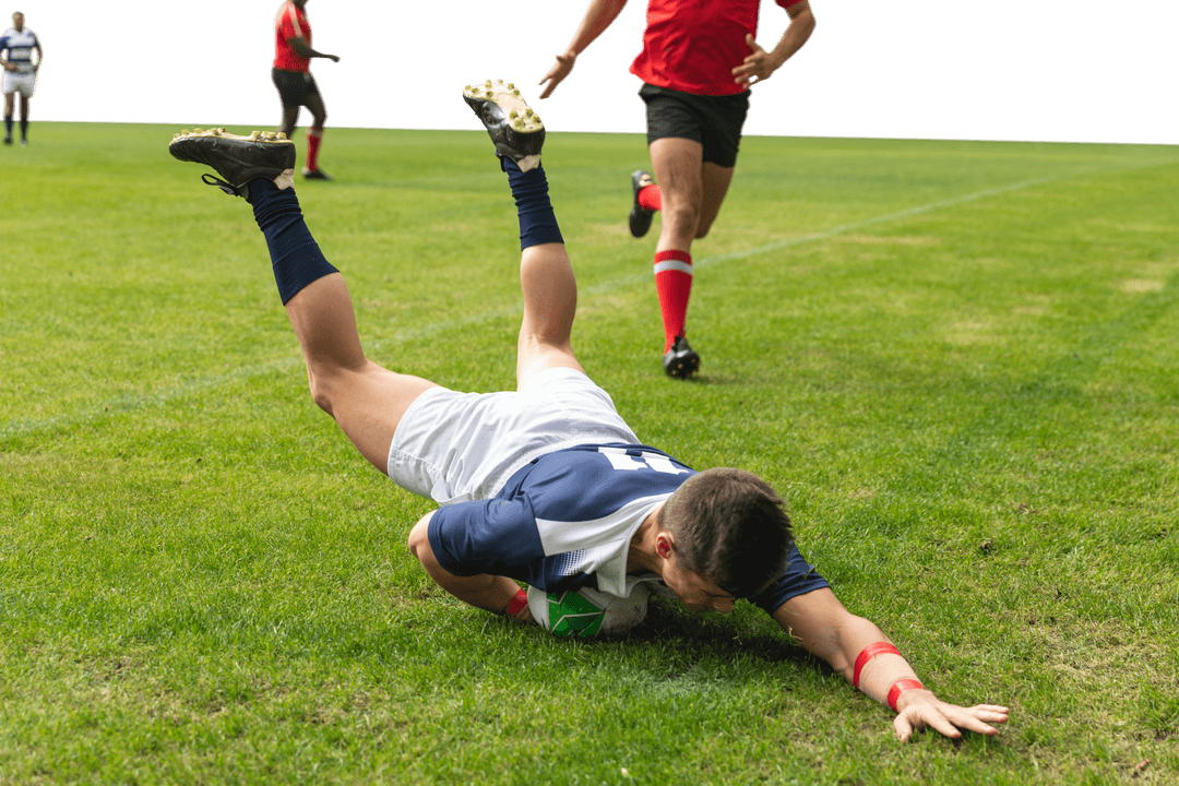 Rugby Player Scoring Try Pelting Forward on Transparent Background