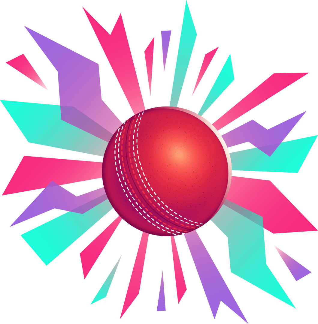 Stylized Cricket Ball with Vibrant Shards on Transparent Background