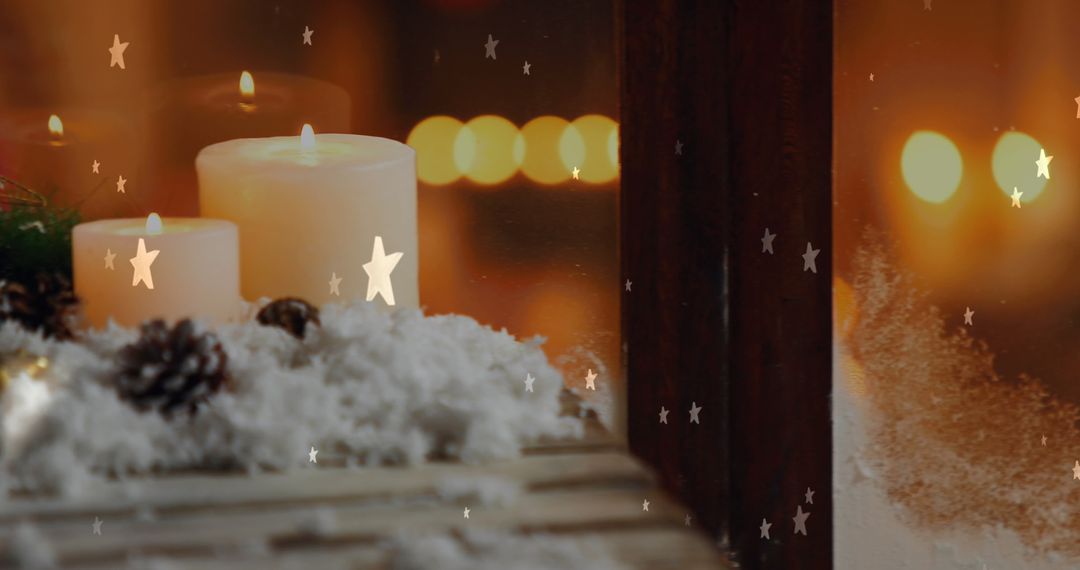 Warm Christmas Candles with Soft Lighting and Snow Decorations