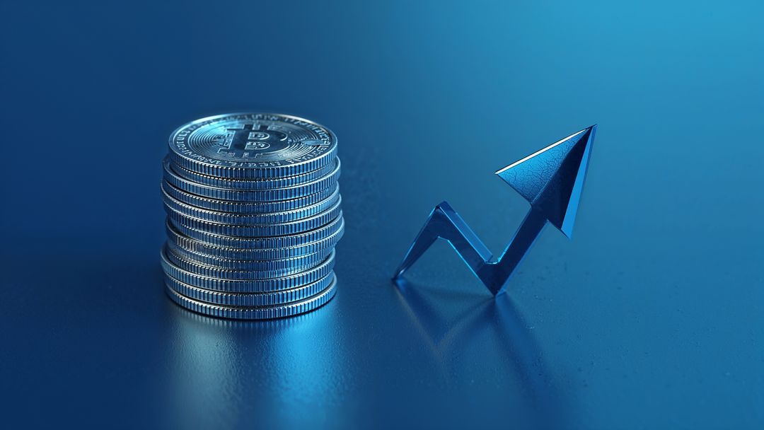 Bitcoin coins stacking beside rising arrow online trading symbol on reflective surface