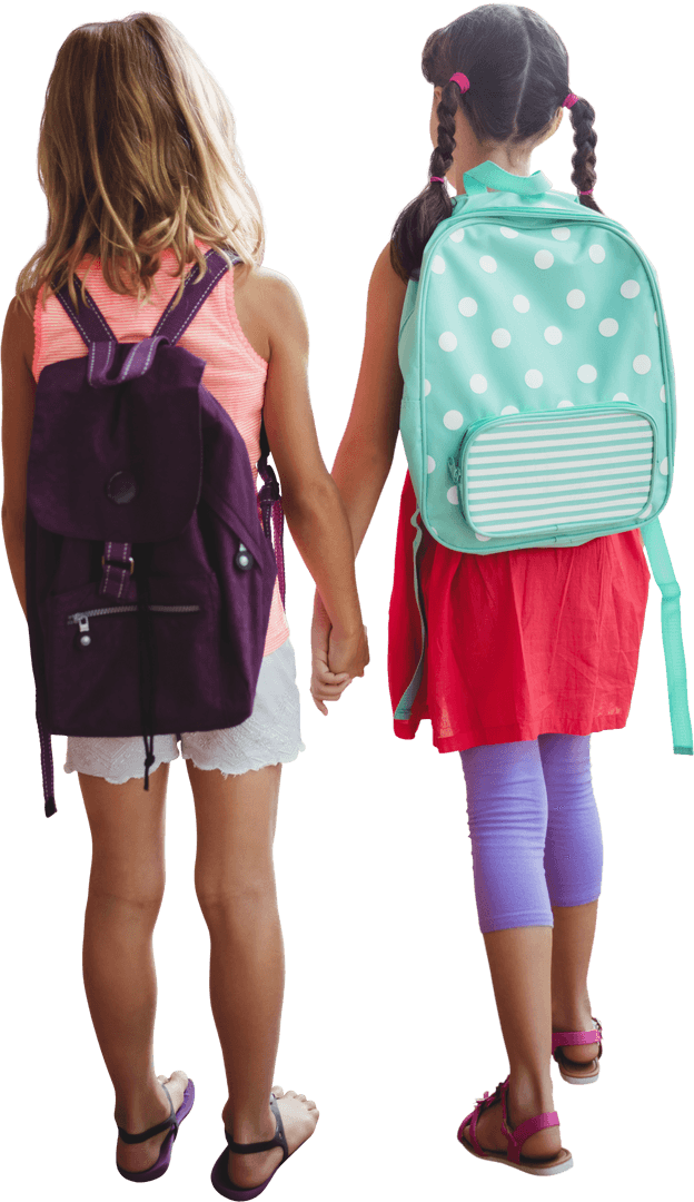 Young Girls Holding Hands With Colorful Backpacks Transparent