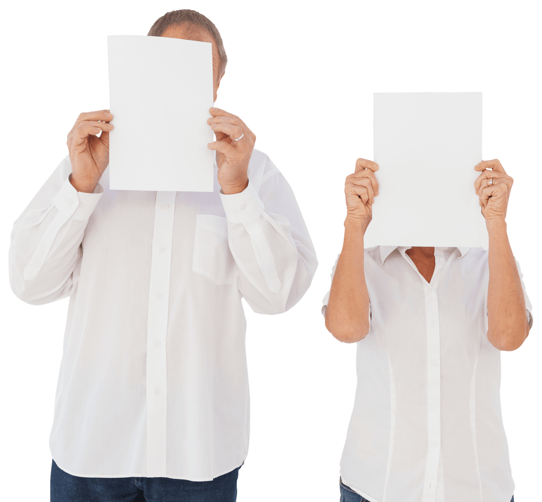 Transparent Image of couple hiding faces with blank papers