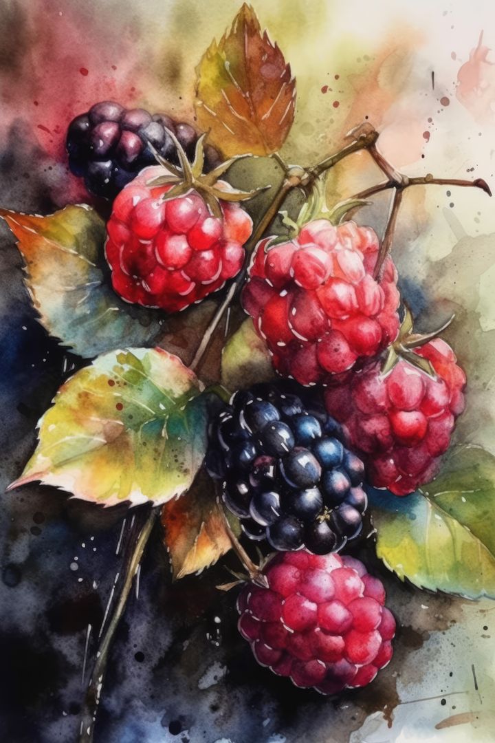 Watercolour with close up of blackberries, created using generative ai technology - Free Images, Stock Photos and Pictures on Pikwizard.com