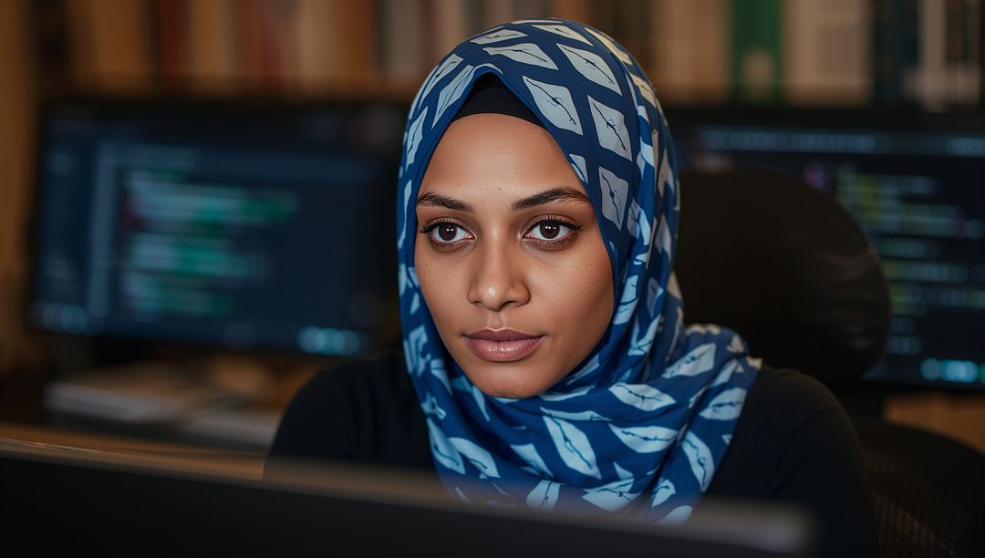 Focused Developer Wearing Blue Hijab Programming at Office Desk