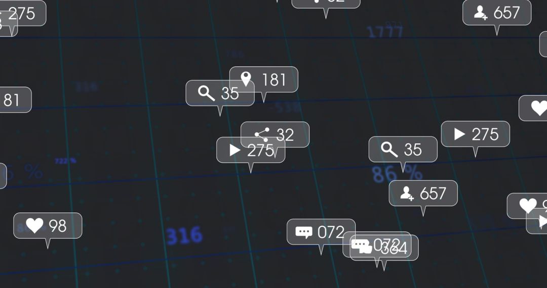 Floating social engagement badges over dark grid showing analytics metrics and futuristic data visua