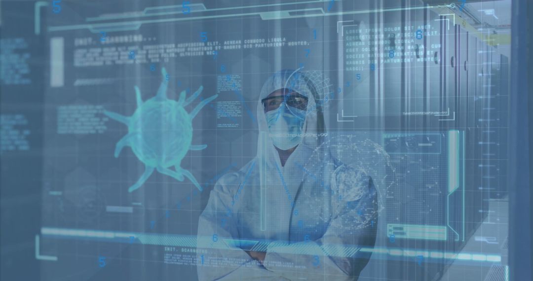 Scientist in PPE Suit Analyzing COVID-19 Data on Digital Interface