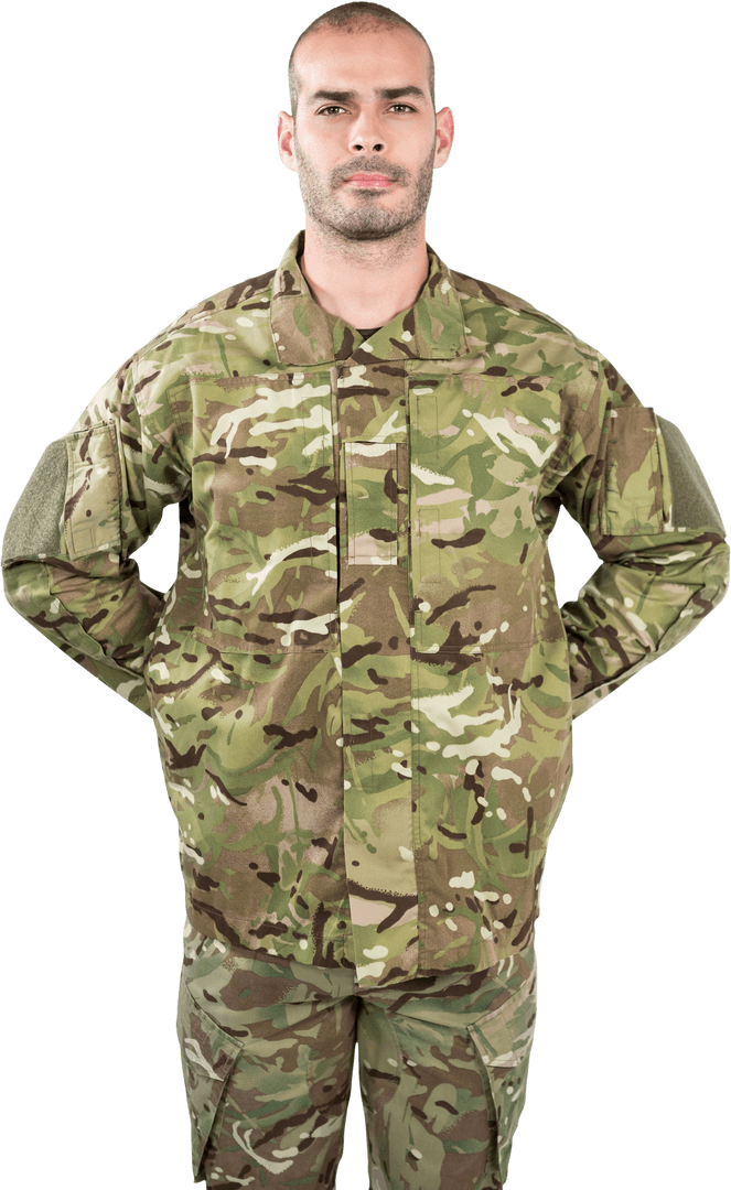 Transparent Portrait of Soldier in Camouflage Uniform Standing Calmly