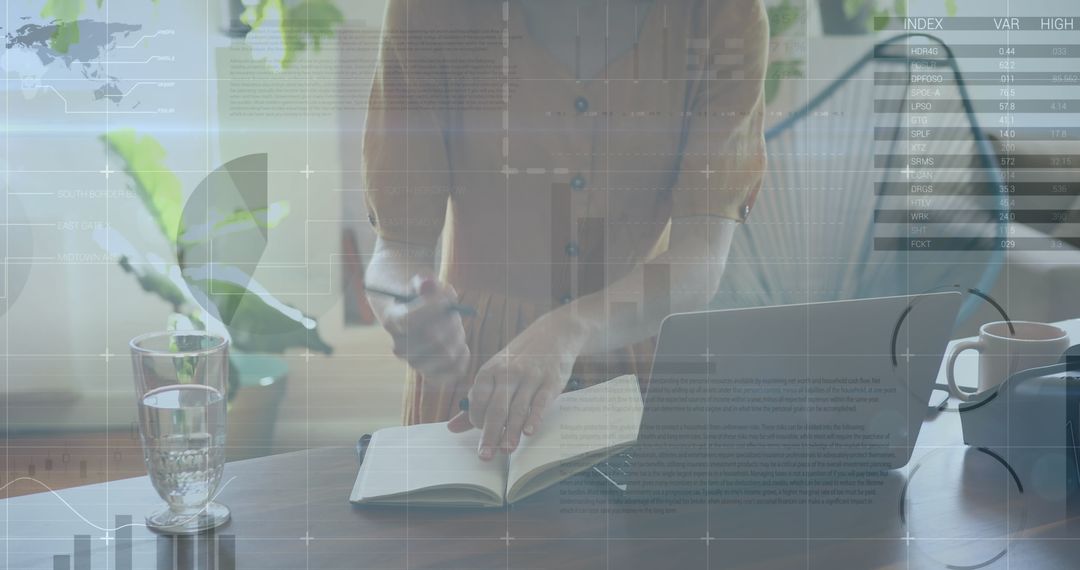Woman Analyzing Business Data at Home with Laptop and Notepad