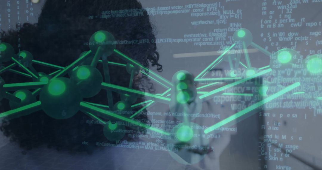 Researchers Analyzing 3D Molecular Network with Code Overlay and Neon Visualization