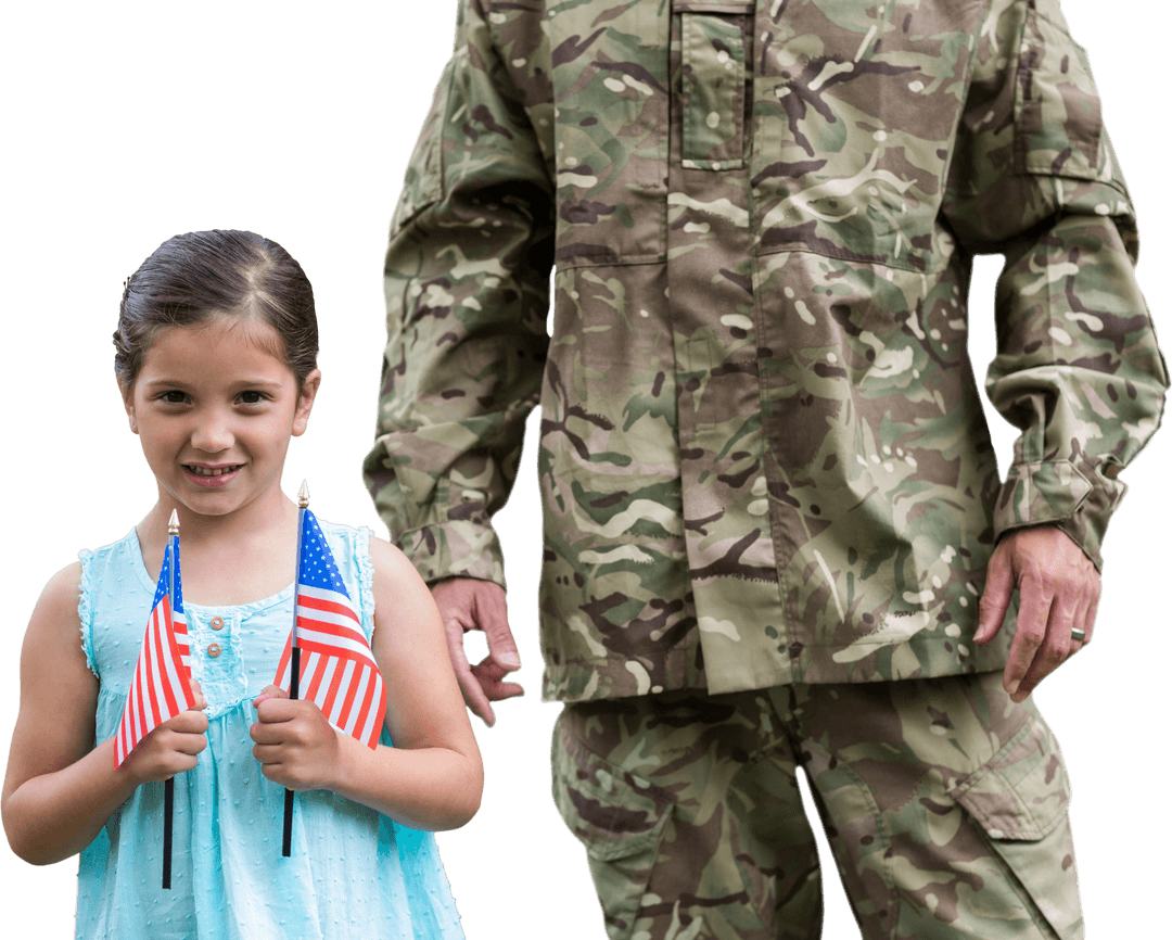 Patriotic Child Holding Flags Beside Soldier on Transparent Background