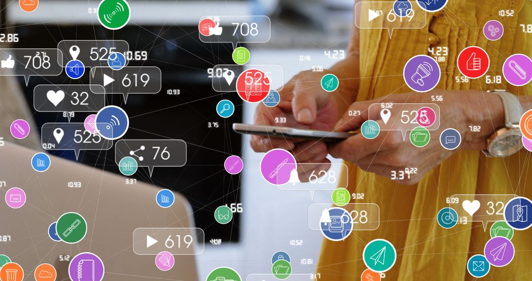 Digital Icons Network Around Woman Using Smartphone